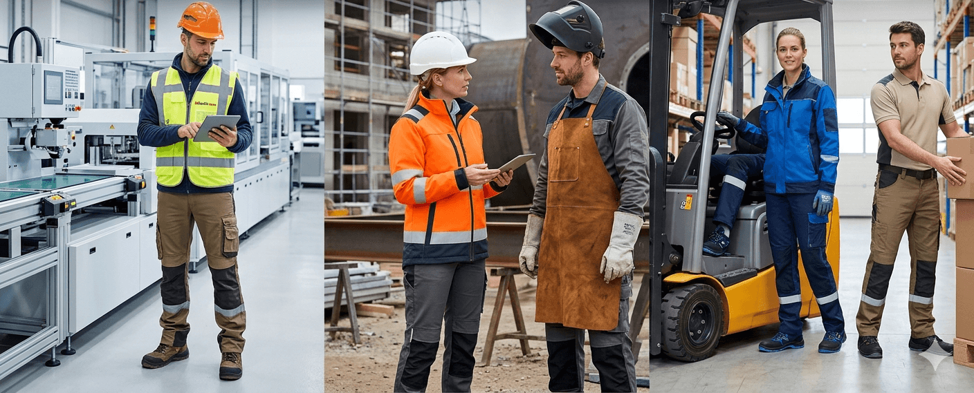 Collage showing industrial workers: a factory technician with a tablet at a production line, and two tradespeople discussing beside a forklift and warehouse staff handling boxes. -