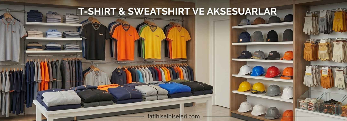 iş-elbiseleri - Fatih iş elbiseleri istanbul Clothing store display: colorful t-shirts and sweatshirts on racks, folded knits on a table, with hats, gloves and helmets on shelves. -