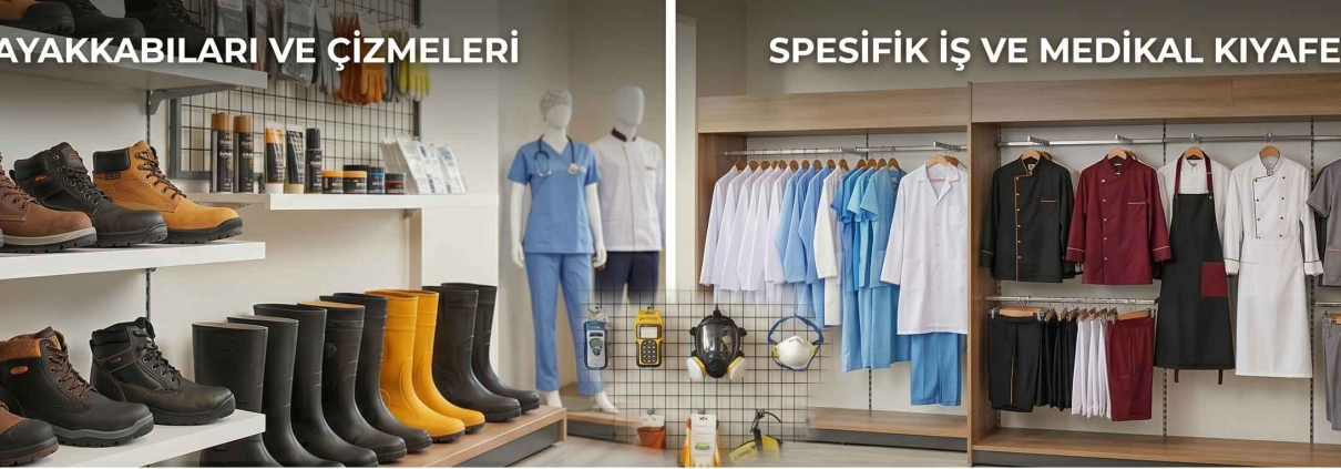iş-elbiseleri-iş-ayakkabıları - Fatih iş elbiseleri istanbul Split shop display: left side shows work boots and safety gear; right side features medical scrubs and uniforms on racks. -