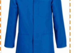 Blue lab coat on a mannequin with a front pocket, branded Fatih is Elbiseleri and contact 0216 427 06 44 on the image. - -