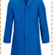 Blue lab coat on a mannequin with a front pocket, branded Fatih is Elbiseleri and contact 0216 427 06 44 on the image. -
