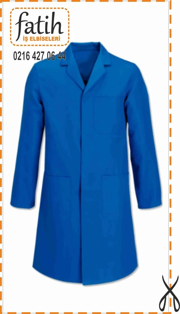 Blue lab coat on a mannequin with a front pocket, branded Fatih is Elbiseleri and contact 0216 427 06 44 on the image. -
