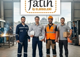 Four factory workers stand together in a workshop under a Fatih logo banner, one in a safety vest holding a helmet and a clipboard, others with boxes and tools nearby. - -