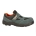 Blue-gray children's shoe with a Velcro strap, black rugged sole, and orange interior lining.