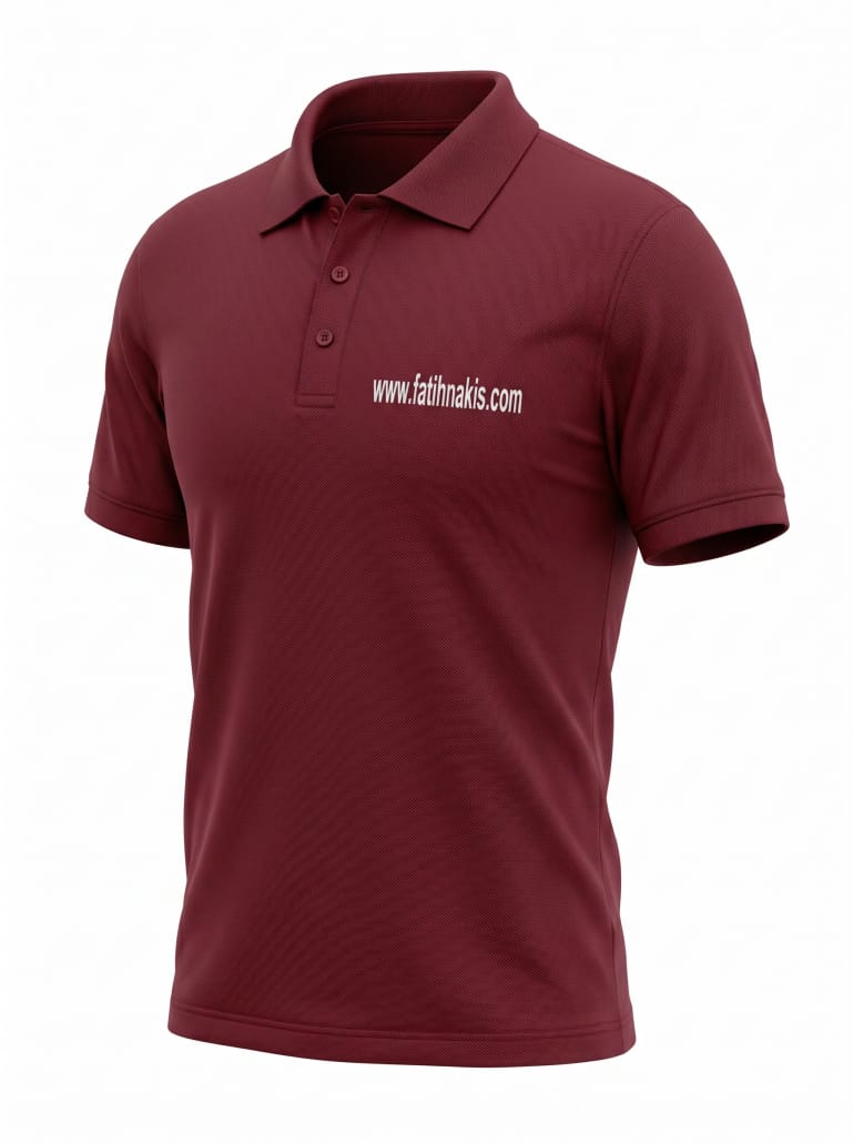 Maroon polo shirt with a small embroidered text reading 'www.fatihnakis.com' on the chest. -